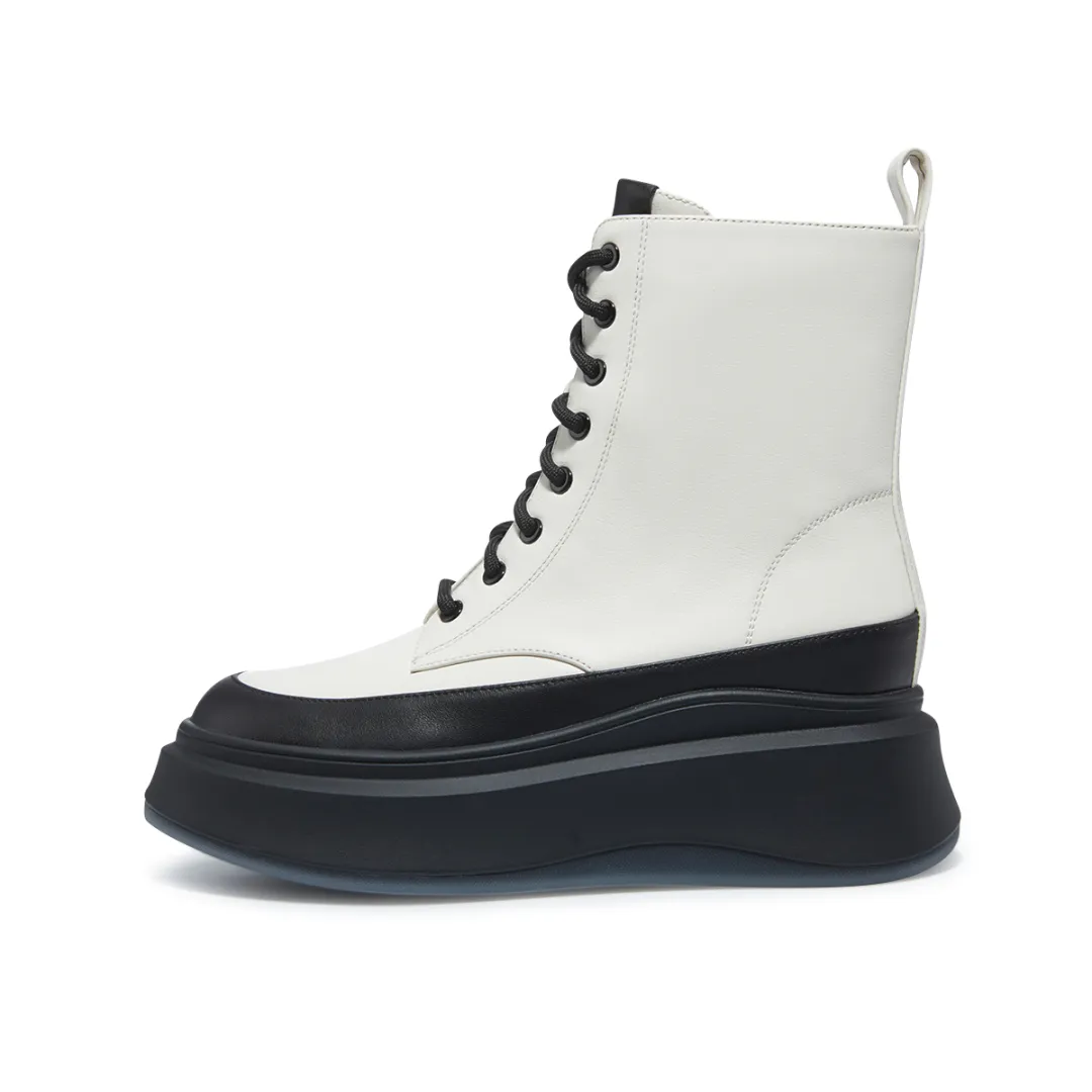 HARSON Cow Leather Short Mid Calf Combat Boots Women's
