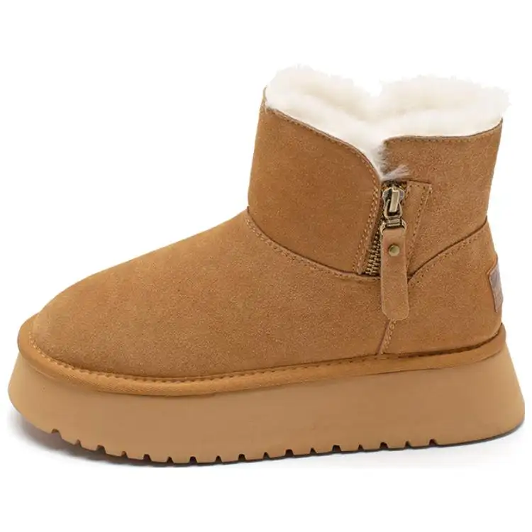 AGSDON Cow Split Leather Thermal Height Increasing Fleece Lined Comfortable Side Zipper Platform 12.5cm Snow Boots