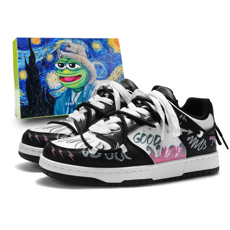 Pepe the Frog Breathable, comfortable, versatile, niche style couple pair of shoelaces, trendy elements, flame graffiti color matching design, fashionable, elegant, youthful, campus style, daily commuting, low-cut sneakers, same style for men and women