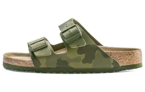 Birkenstock Leather Slide Slippers Unisex Green Camouflage Narrow
