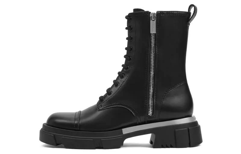 CHARLES&KEITH Small Ck PU Short Mid Calf Combat Boots 4.8cm Women's Black/Chalk White