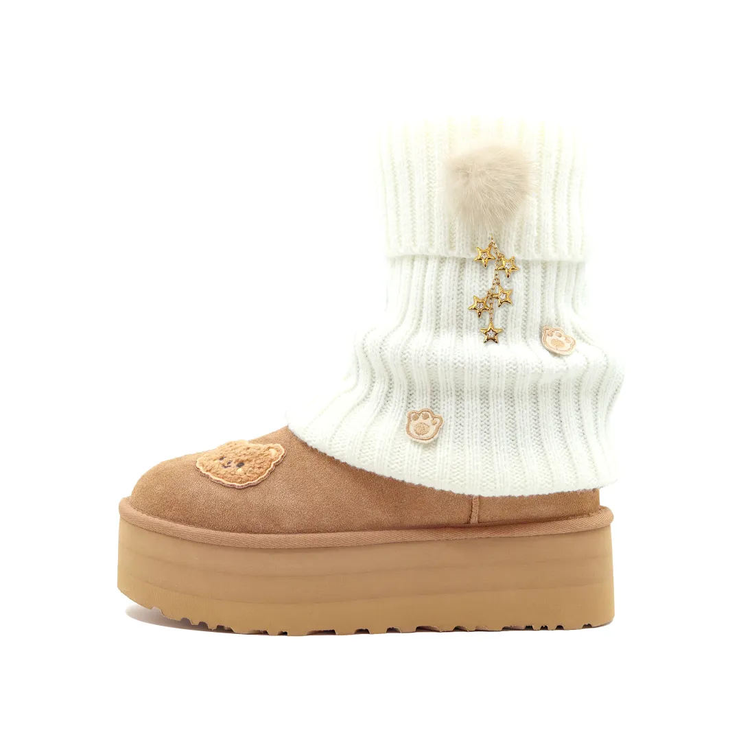 UGG Sweet Velvet Narrative Cow Split Leather Thermal Short Snow Boots Women's Chestnut