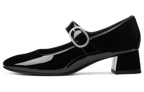 CHARLES&KEITH Small ck PU synthetic leather, ankara red, bright diamond strap, thick heel, Mary Jane shoes, 4cm, women's model, multi-color
