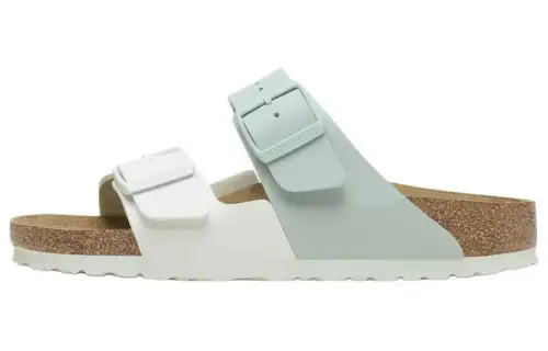 Birkenstock Leather Slide Slippers Women's Green White Narrow
