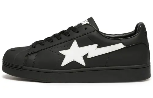 A BATHING APE Skull STA Leather Low top Stylish Skateboarding Shoes Women's Black White