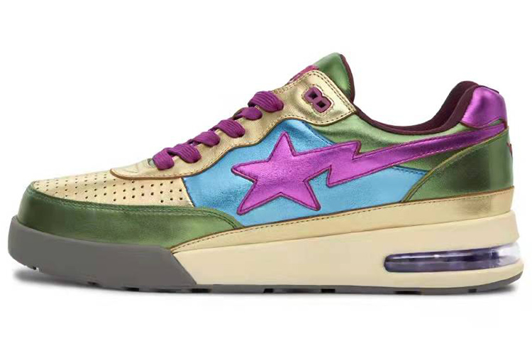 A BATHING APE ROAD STA Leather Lace Up Low top Stylish Skateboarding Shoes Men's Green Purple Gold