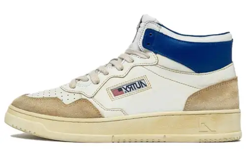 AUTRY Medalist Leather Comfortable Round Toe High top Skateboard Shoes Men's White Blue Yellow