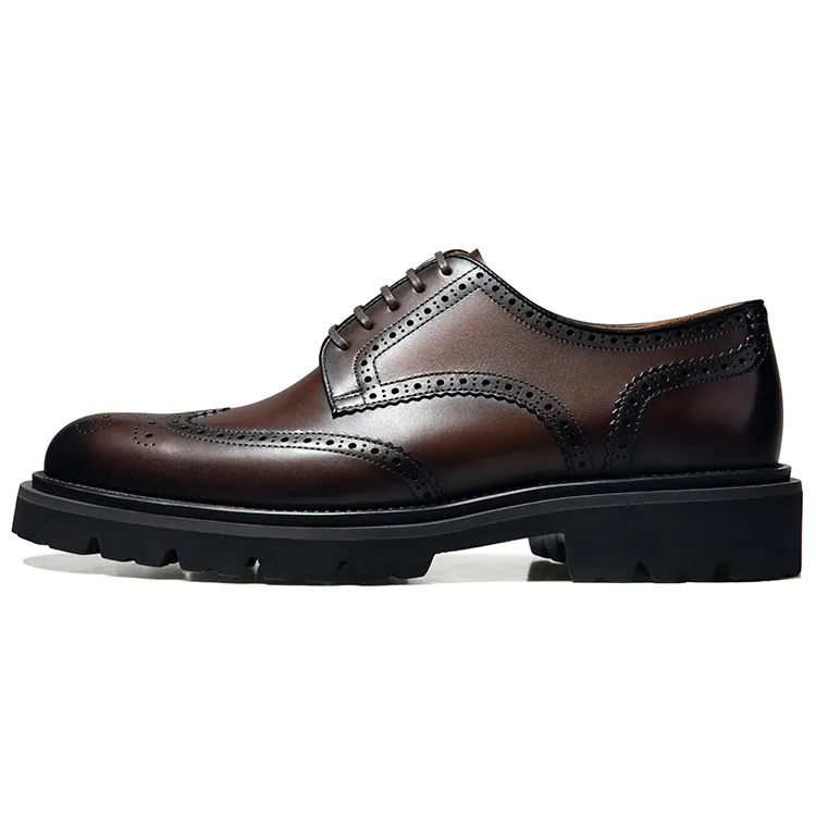 THOM WILLS Brogue carved business casual derby shoes, thick sole, breathable soft sole, formal leather shoes, men's style, dark brown color
