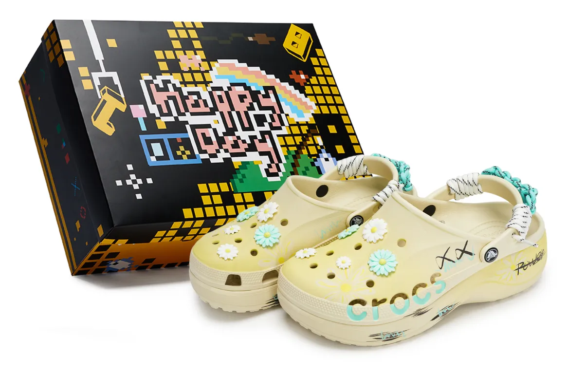Crocs Baya Platform Clog 811 Manufacturing, Daisy Floral, Special Shoe Box Clogs Women's White Yellow Blue
