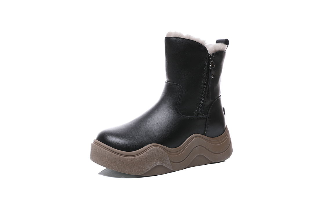 POOQ Top Grain Cow Leather Short Mid Calf Snow Boots 4cm Women's