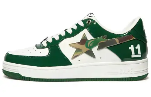 A BATHING APE BAPE STA Patent Leather, Leather Low top Stylish Skateboarding Shoes Men's White Green