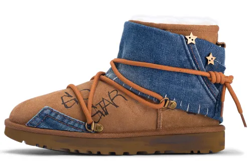 UGG CLASSIC MINI Da Vinci Custom Center Stage Denim Thermal Short Snow Boots Women's Brown Blue