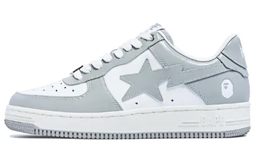 A BATHING APE Patent Leather Lace Up Abrasion Resistant Low top Skateboard Shoes Women's Gray White