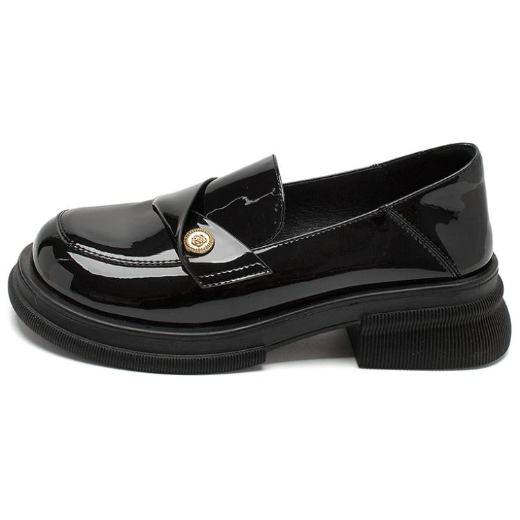 Synthesized glossy fashionable trend coins made of patent leather, universal shoes English style, black loafers, wide stable heel, British style, JK style (Japanese school style), women's style