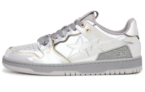 A BATHING APE x HajimeSorayama SK8 STA Leather Low top Stylish Skateboarding Shoes Men's Metallic Silver Distressed