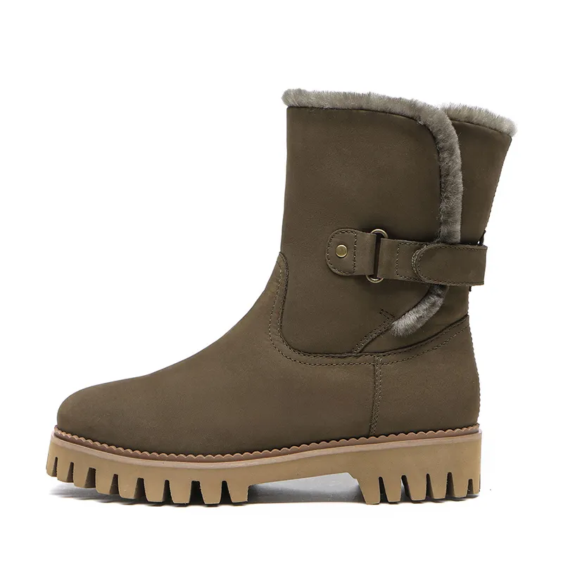 EVERAU Cow Split Leather Crew Snow Boots Women's Green