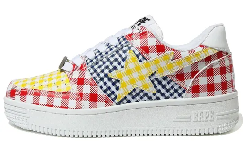 A BATHING APE BAPE STA Gingham Check Multi Pattern Low top Stylish Skateboarding Shoes Women's Red Yellow