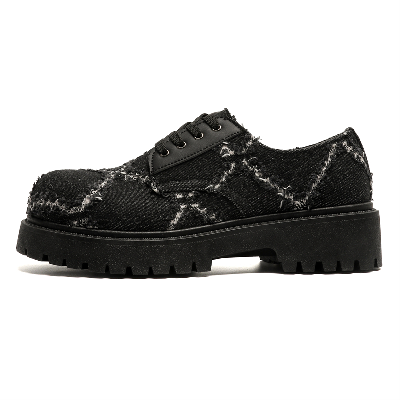 Classic retro fashionable denim shoes for work and office, black casual footwear, retro Hong Kong 80s–90s style, large rounded toe