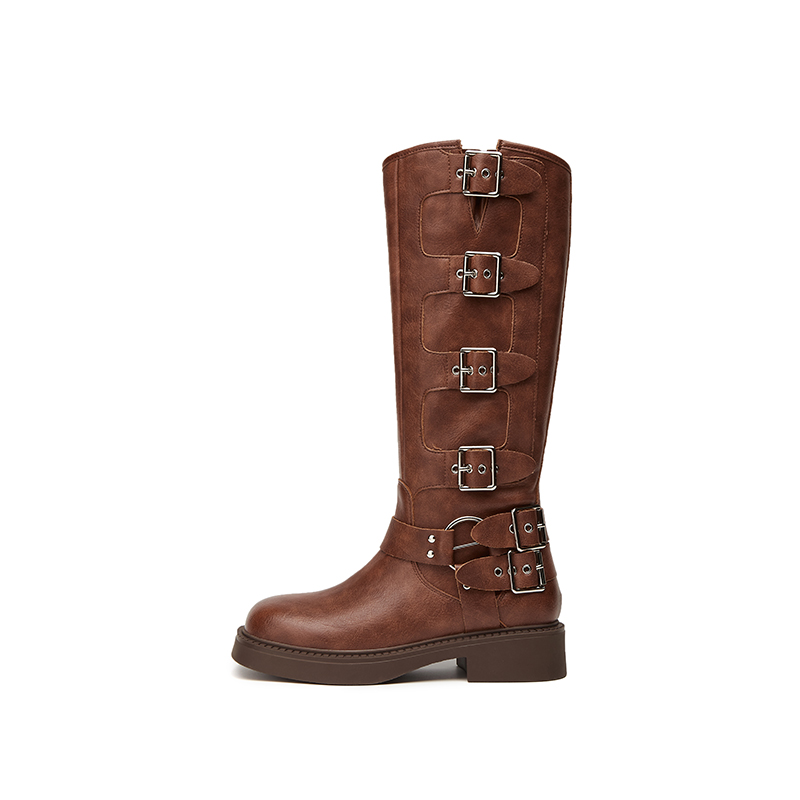 Daphne DAPHNE Classic warm and plush fleece Maillard sweet and spicy knight boots Cooling British retro niche design Casual and comfortable denim leather buckle Fashion trend slimming high boots 4cm women's style