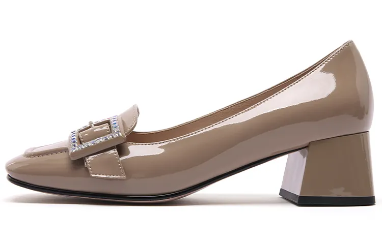PACO GIL Top Grain Cow Leather Chunky Heel High Heels Women's Apricot