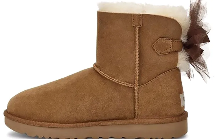 UGG Bailey Suede Thermal Gauze Bowknot Fleece Lined Thermal Short Snow Boots Women's Brown