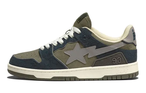 A BATHING APE SK8 STA Cow Leather Stylish Skateboarding Shoes Women's Olive Green