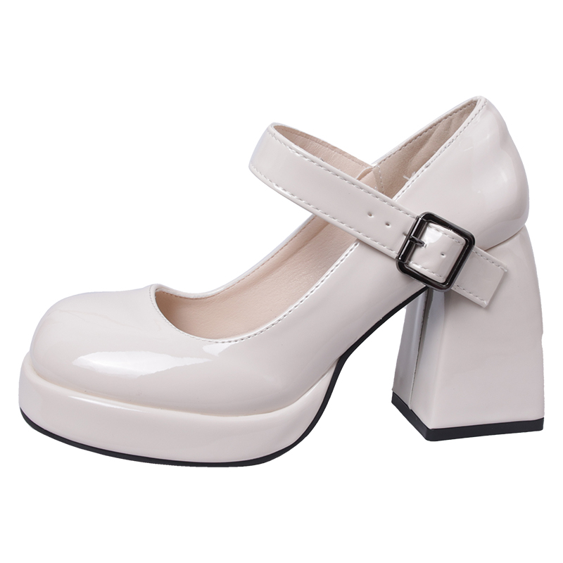 LXVB PU French style, retro British style, waterproof platform, round toe, shallow mouth, elegant and comfortable, versatile and trendy, thick sole for heightening, one-line buckle JK, college round toe and petite, with skirt, thick heel, Mary Jane shoes 9cm, women's style
