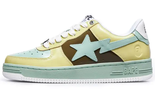 A BATHING APE BAPE STA Patent Leather Low top Stylish Skateboarding Shoes Men's Yellow Green Brown