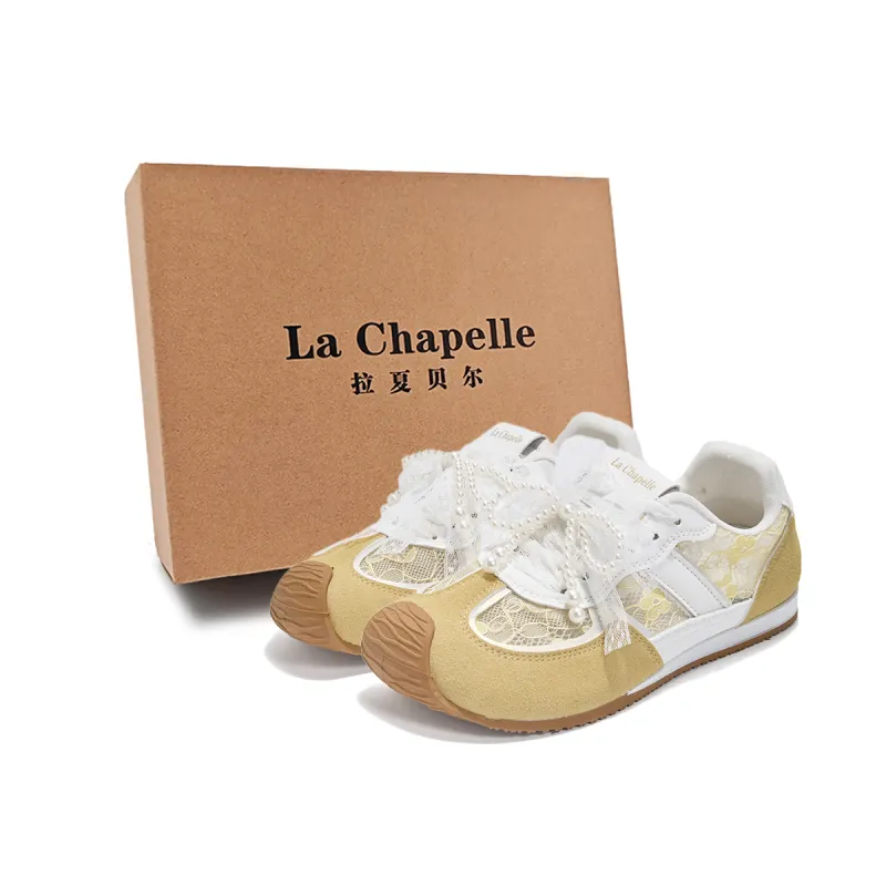 La Chapelle yellow peach almond milk trendy moral training shoes, sweet girly style, refined and elegant, fashionable and versatile, mesh, comfortable and simple for commuting, non-slip, wear-resistant and lightweight, low-cut lifestyle shoes, women's yellow