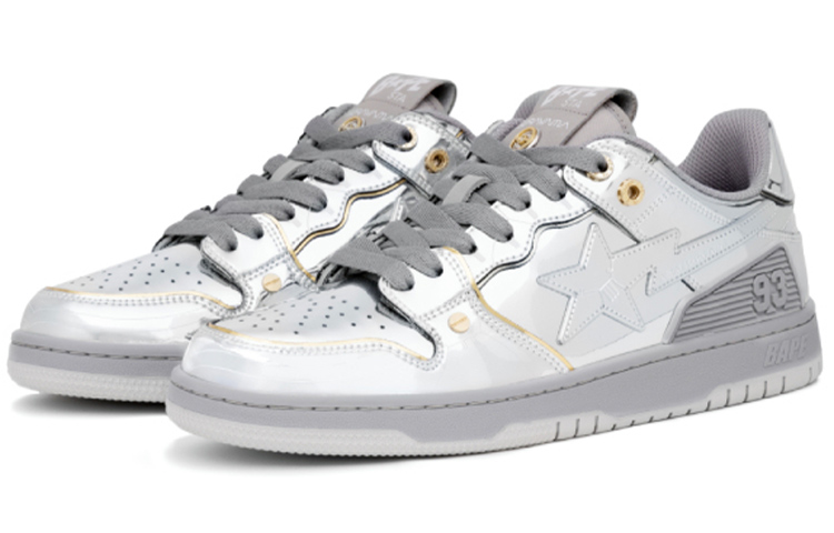 A BATHING APE x HajimeSorayama SK8 STA Leather Low top Stylish Skateboarding Shoes Men's Metallic Silver Distressed