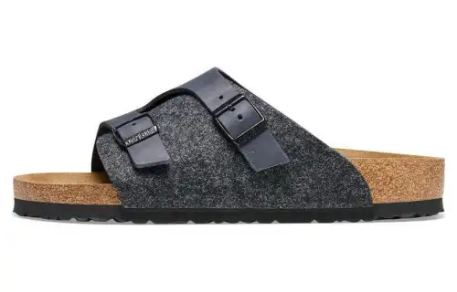 Birkenstock Leather Slide Slippers Unisex Black Gray Narrow