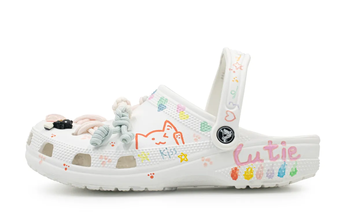 Crocs Classic Clog Pink Blue Meow Star EVA Clogs Unisex White