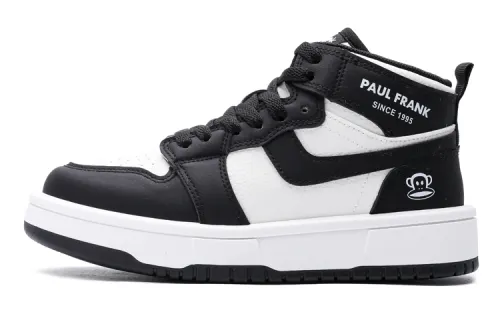 PAUL FRANK Synthetic Leather Slip Resistant Abrasion Resistant High top Skateboard Shoes Unisex Black White