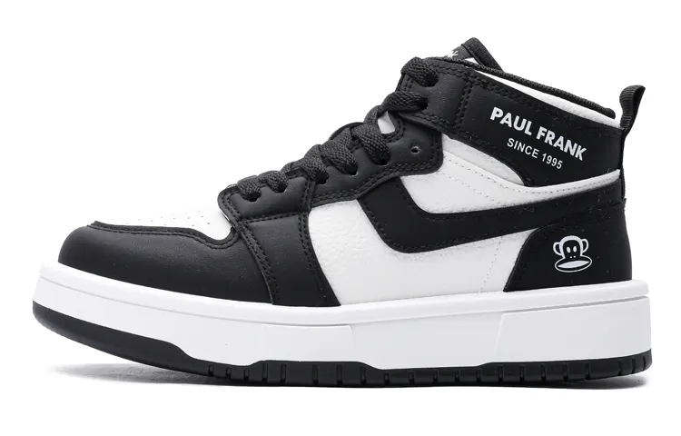 PAUL FRANK Synthetic Leather Slip Resistant Abrasion Resistant High top Skateboard Shoes Unisex Black White