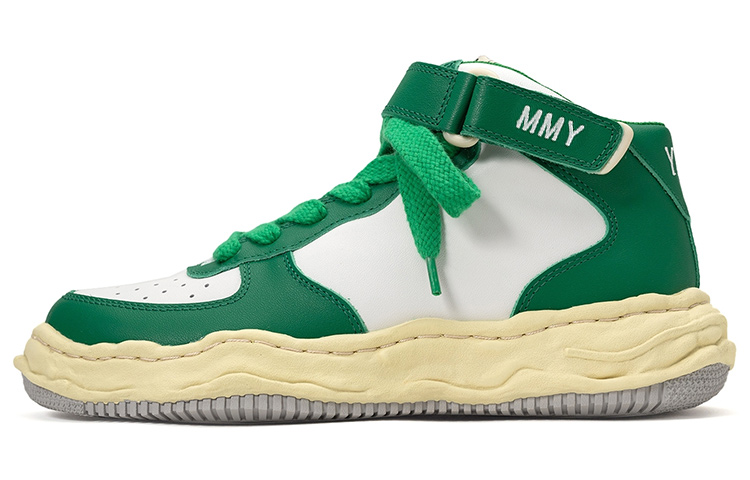 MIHARA YASUHIRO Wayne Cow Leather, Leather Quick Dry Impact Resistance Mid top Skateboard Shoes Unisex White Green