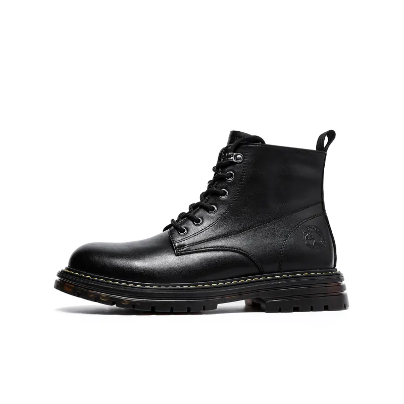 FAIRWHALE Synthetic Leather, Split Cow Leather Short Combat Boots Unisex Black