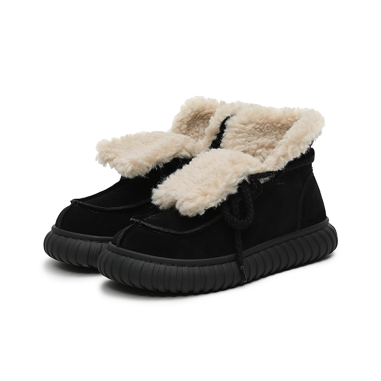 MASOOMAKE Cow Suede Thermal Artificial Long Plush, Platform, Fleece Lined, Cute Round Tip, Lace Up Short