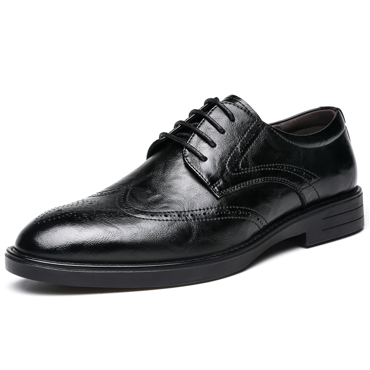 Chint two-layer cowhide microfiber leather, hollow and carved, breathable and comfortable, classic lace-up, formal leather shoes, men's style, black