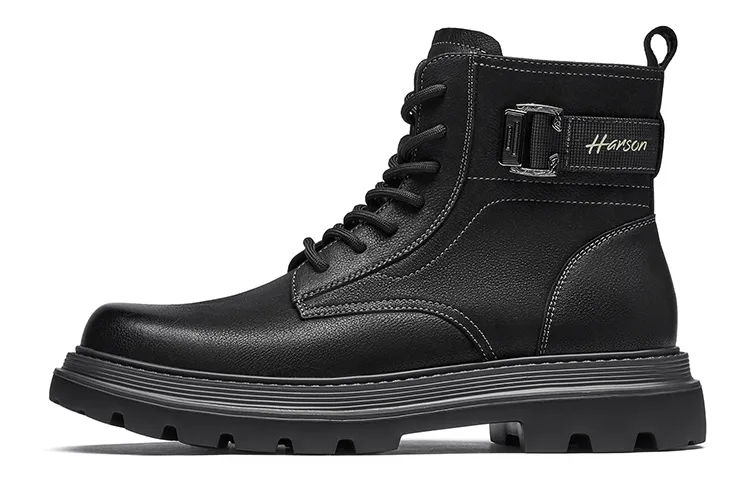 HARSON Cow Leather Crew Combat Boots Men's Black