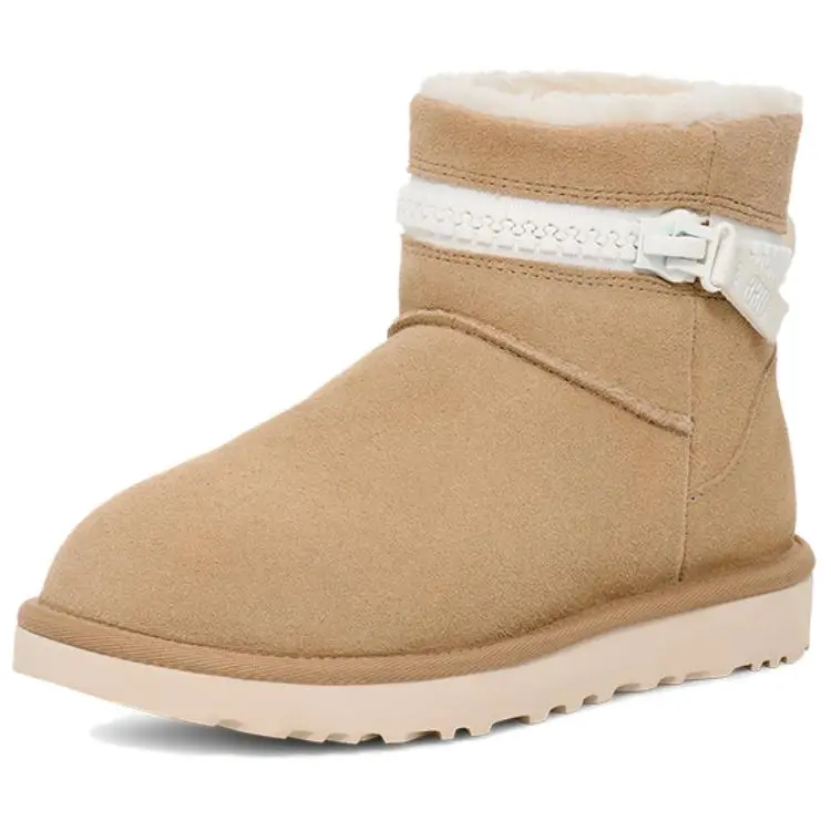UGG Cow Split Leather Fleece Lined, Comfortable Classic Zippers Short Snow Boots Unisex Mustard Seed