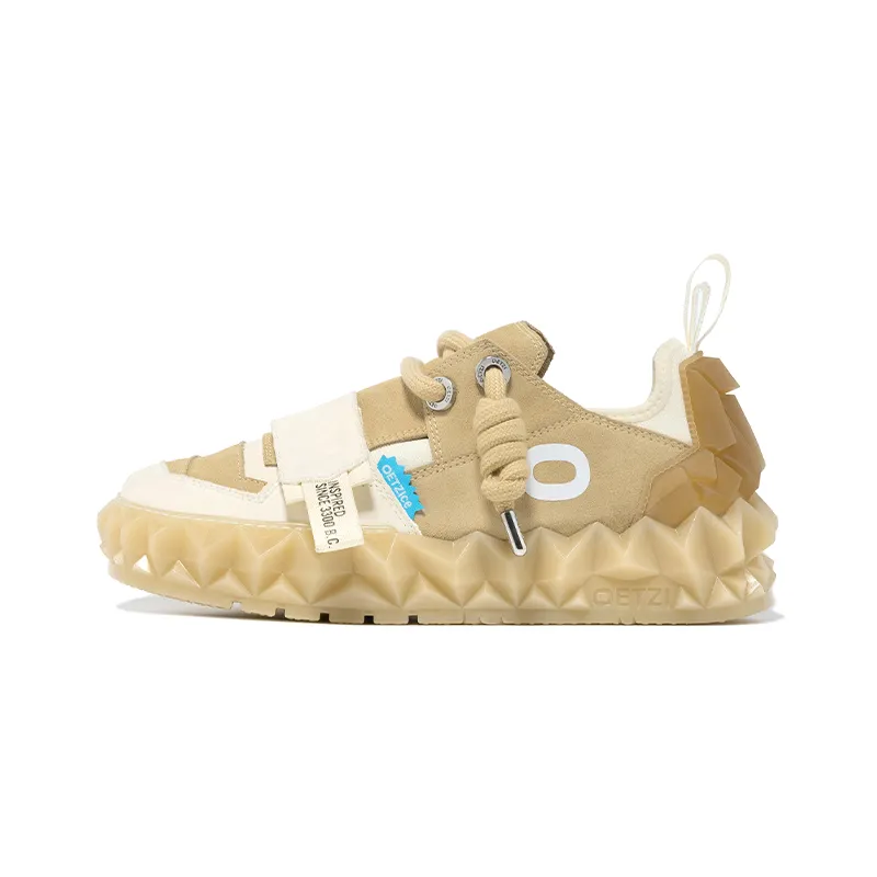 OETZI Cow Split Leather Low top Stylish Skateboarding Shoes Unisex Chestnut & White