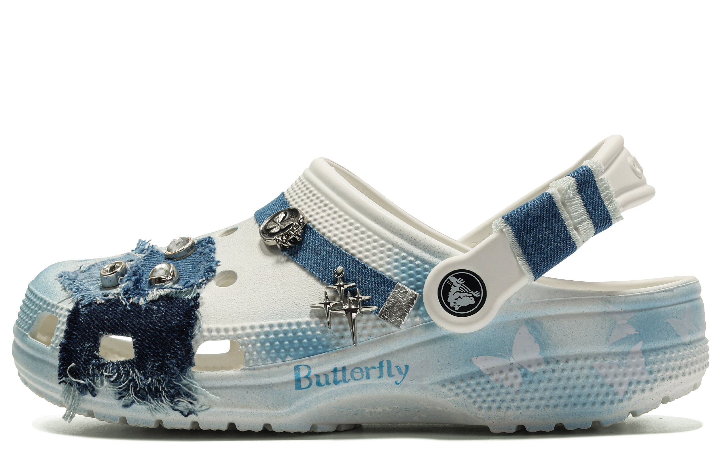 Crocs Classic Clog Free Panda, Denim Is Very Busy. Clogs Unisex Blue White