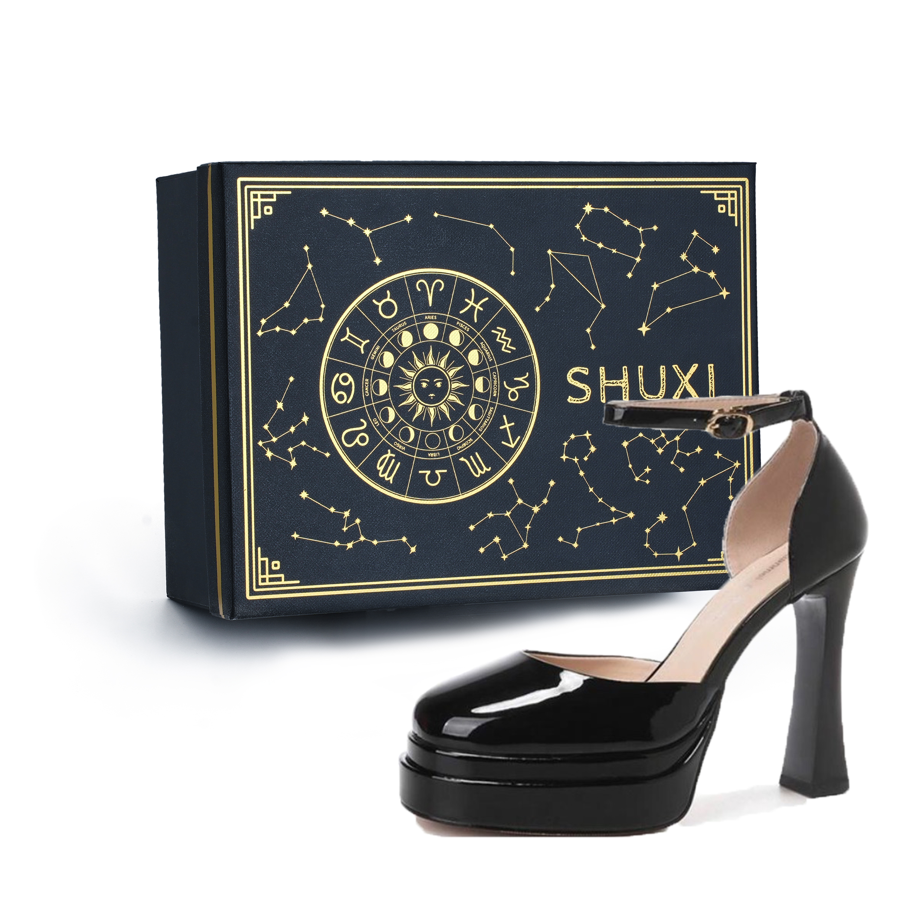 SHUXI Shuxi PU is fashionable and elegant, comfortable and versatile, thick sole for heightening, hollow waterproof platform, buckle, small, showing small feet, thick heel, matching skirt, high heels, women's model