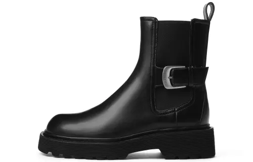 CHARLES&KEITH Small ck PU Thick-soled Round Toe Boots Chelsea Short Boots 4.3cm Women's Black/Dark Brown/Pink White Chalk