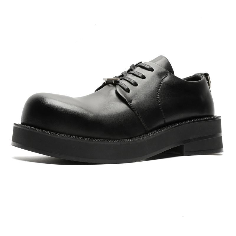 V05 Paris Derby Shoes for Men British Versatile Black Round Toe Lace-up Leather Shoes Increased Black Warrior Casual Shoes