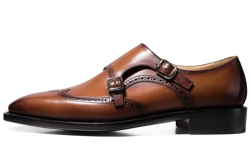 THOM WILLS Cow leather retro buckle fashionable classic versatile formal leather shoes men's yellow brown polish