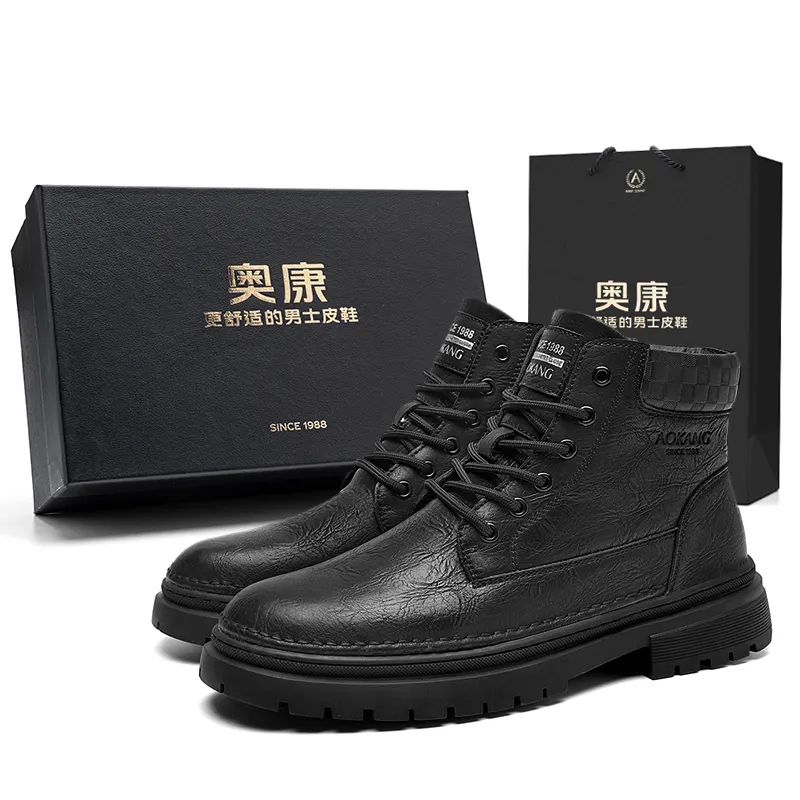 AOKANG knight boots for travel, non-slip, wear-resistant, retro, classic and versatile, breathable, fashionable and popular men's shoes, daily commuting yuppie British style motorcycle shoes, mid-calf Martin boots, 3.5cm, men's black