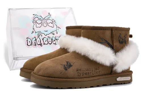 UGG CLASSIC MINI Da Vinci Custom, Box, Gray Butterfly Thermal Short Snow Boots Women's Brown