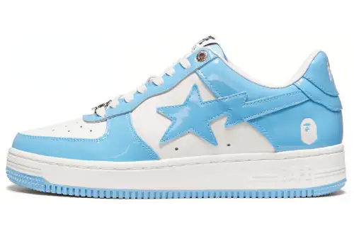 A BATHING APE STA Patent Leather, Leather Stylish Skateboarding Shoes Men's White Blue