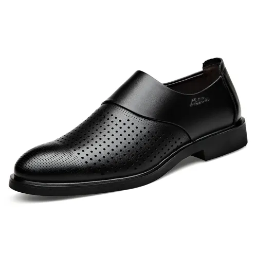 Mulinsen two-layer cowhide, hollow, perforated and breathable, set of feet, formal leather shoes, men's black